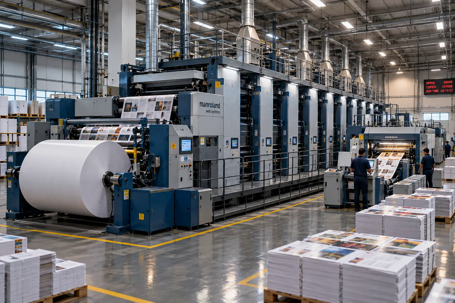 Web offset printing machine in operation